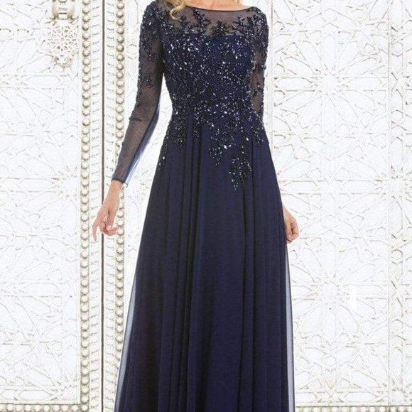 FerianiCouture Long Sleeve Beaded Illusion A-Line Evening Gown - Picture 4 of 6